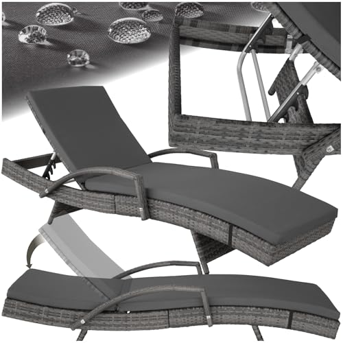 tectake® Polyrattan Sonnenliege, Gartenliege mit 5-Fach Verstellbarer Rückenlehne, wetterfest, Outdoor Relaxliege mit weicher Polsterauflage, Rattanliege für Garten, Balkon und Terrasse - grau