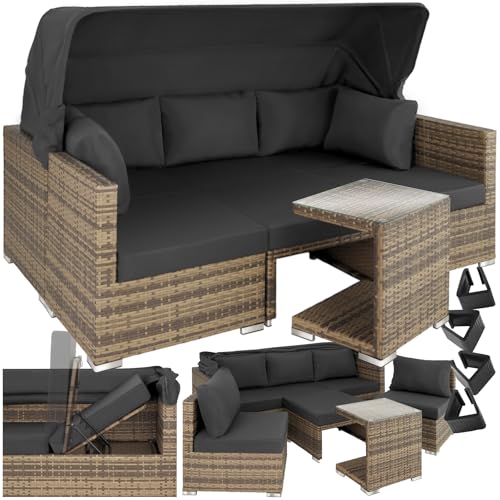 tectake Rattan Sonneninsel Sitzgruppe, Lounge Möbel Set inkl. Sofa mit Sonnendach, Hocker, Sesseln und Tisch, Outdoor Gartenmöbel, Loungemöbel Balkon und Garten, Terrassenmöbel, wetterfest - Natur