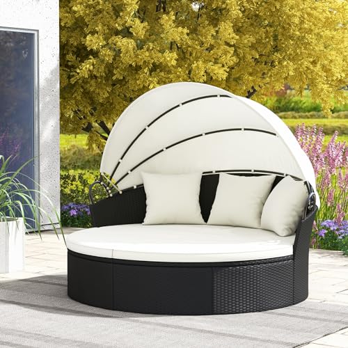 GIANTEX Sonneninsel Liegeinsel mit faltbarem Sonnendach, Rattan Lounge Gartenmuschel Outdoor, Sonnenliege Gartenliege Set rund ?187 cm für 2-3 Personen, Gartenlounge Terrassenmöbel inkl. Kissens