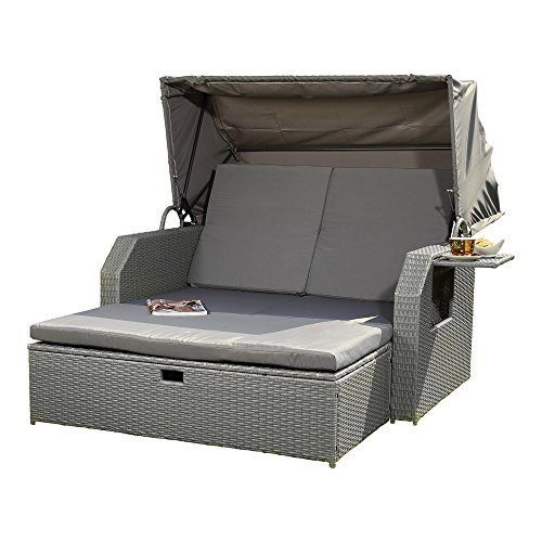 Melko Sonnenbett Outdoor mit faltbarem Dach wetterfest Strandkorb Lounge Muschel Polyrattan | klappbarer Seitentisch | verstellerbare Rückenlehne |