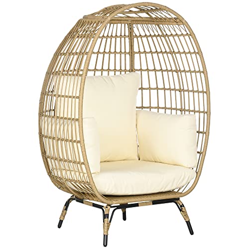 Outsunny Rattansessel in Korbform, Rattanstuhl mit Sitzkissen, Erhöhter Gartensessel für Balkon, Terrasse, Metall, Khaki, 105 x 90 x 148 cm