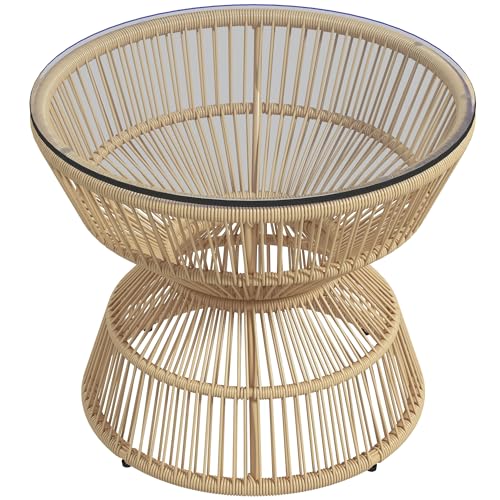 Outsunny Beistelltisch Rattan, Ø60 cm Couchtisch Gartentisch mit Tischplatte aus Hartglas, Balkontisch im Boho-Design, Kaffeetisch für Garten, Balkon, Naturholz