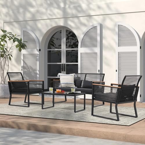 OC Orange-Casual 4 tlg Gartenmöbel Set, Rattan Terassenmöbel für Außenbereich, Rattan Sitzgruppe für 4 Personen, mit Beistelltisch und Kissen,2 Packet insgesamt, für Balkon, Garten, Hinterhof, Schwarz