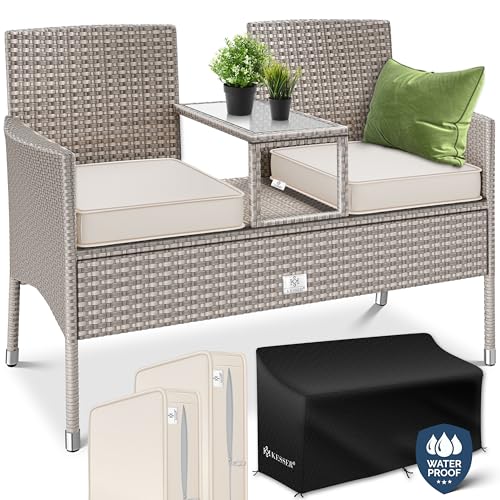 KESSER® Polyrattan Gartenbank 2 Sitzer Bank mit integriertem Tisch, 143×63×88 cm   Rattan Garten Balkon Gartensofa wetterfest Sitzgruppe Ultra Stabile, inklusive Kissen und Cover, Grau