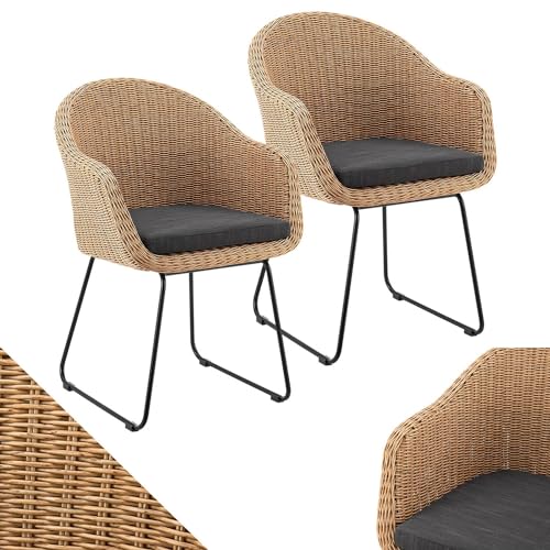 Juskys Rattan Korbsessel Cody 2er Set mit Kissen   Indoor & Outdoor Rattanstühle   Korbstuhl bis 100 kg belastbar   Korbstühle modern   Stühle Natur