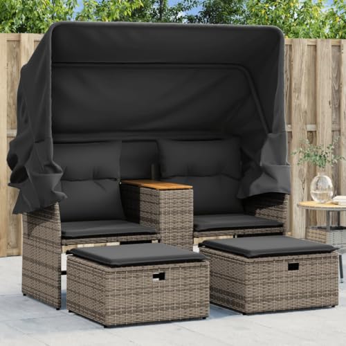 Willood Gartensofa 2-Sitzer mit Dach und Hockern Grau Poly Rattan mit Vordach Outdoor Sofa mit Sonnendach, Terrassensofa mit Hockern, Gartenmöbel Sofagarnitur Gartengarnitur