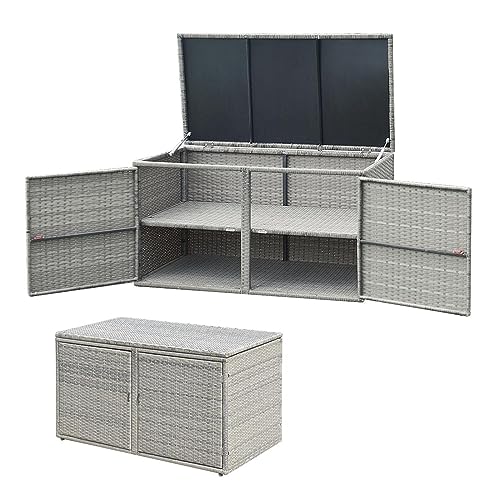 KOMFOTTEU Rattan Auflagenbox, Aufbewahrungstruhe mit Doppeltüren und Deckel, 2 stöckiger Gärtnerschrank, langlebige Aufbewahrungsbox, Aufbewahrungsbehälter für Garten, Hof(Grau)