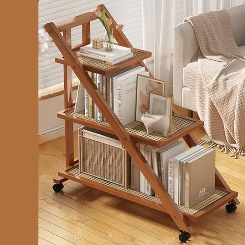 RYDZCLH Rollbarer Auf Rädern Stauraum 3 Stufiger Klapptisch, Bambus Beistelltisch Für, Schlafzimmer, Wohnzimmer, Küche, Bad Büro,Plastic Style Brown