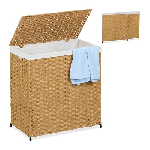 Relaxdays Wäschekorb mit Deckel, Rattan-Optik, Wäschesack 110 L, HBT: 60x58x34 cm, Wäschesortierer 2 Fächer, braun/beige
