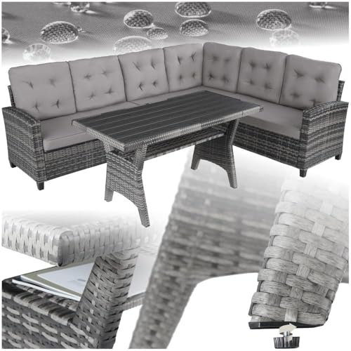 tectake® Gartenbank, Set mit Bank und Esstisch, Rattan Eckbank Outdoor Lounge, Sitzecke wetterfest als Gartenlounge, Balkon Möbel, Wintergarten, Terrasse   grau
