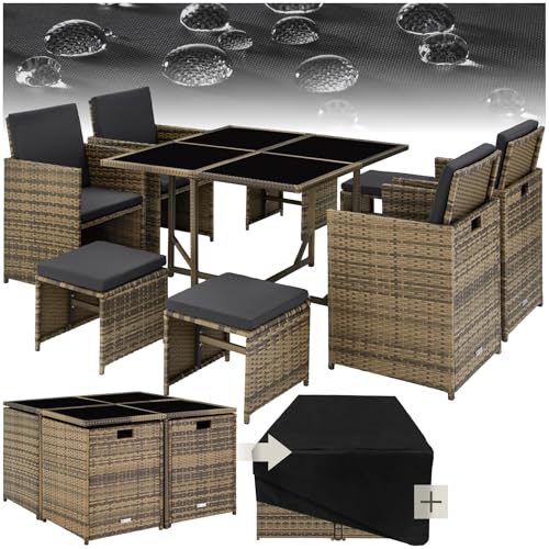 tectake Lounge Möbel Set aus 4X Stühle, 1x Tisch, 4X Hocker, wetterfest und platzsparende Cube Aufbewahrung inkl. Schutzhülle, Outdoor Rattan Gartenmöbel für Balkon, Garten und Terrasse - Natur