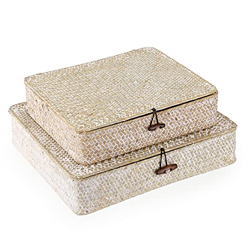 SUMNACON 2PCS Rattankorb aus Natürliche Seegras mit Deckel Handarbeiten Aufbewahrungskiste Aufbewahrungskörbe Ordnung Korb für Küche Badezimmer Schlafzimmer Gross+Klein(Rechteckig,Weiss)
