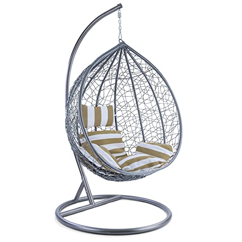 RAMROXX Luxus Hängesessel Miami XL Rattan Korb hellgrau Gestell Silber Kissen braun weiß