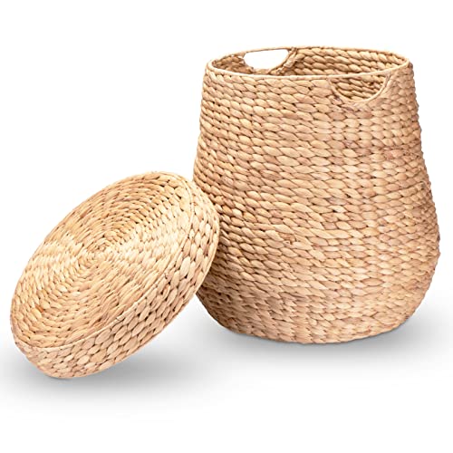 Decorasian Wäschekorb geflochten Deckel   groß und rund – großer Korb aus Wasserhyazinthe Henkel – Wäschesammler Griff   Aufbewahrung   46cm