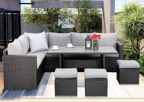 Atenza Polyrattan Lounge Gartenmöbel Set, Rattan Garten Sitzgruppe bis 9 Personen, Gartenlounge Outdoor mit WPC Tisch, Ecksofa, Hocker, Sessel & Kissen, Wetterfest (Schwarz)