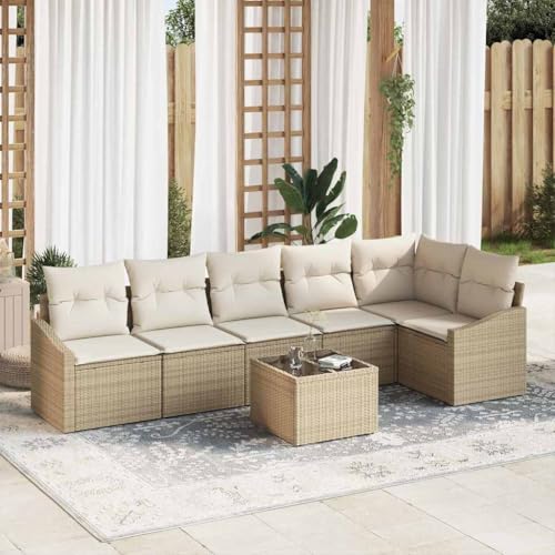 QJBSAVVA Gartensofa Set 7 Teilig Beige Creme Mittelbank Tisch Modularer Lounge Sitzplatz für 6 Personen Stauraumfächer für Terrasse