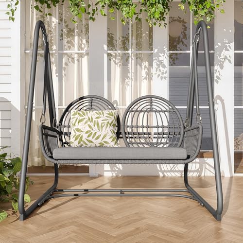 Gartenschaukel, Hollywoodschaukel mit Rückenlehne, Gartenmöbel-Set für den Außenbereich,Doppelschaukel aus PE-Rattan, 2 Sitze (Dunkelgrauer Sitzrahmen und Kissen)