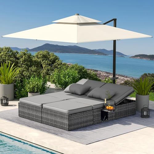 UDPATIO Rattan Sonnenliege Liegestuhl Garten 2 Personen, 5-Fach Verstellbar mit Klapptisch Wetterfest Polyrattan Gartenbett Grau-meliert & Dunkelgraue Bezüge, 200x160cm