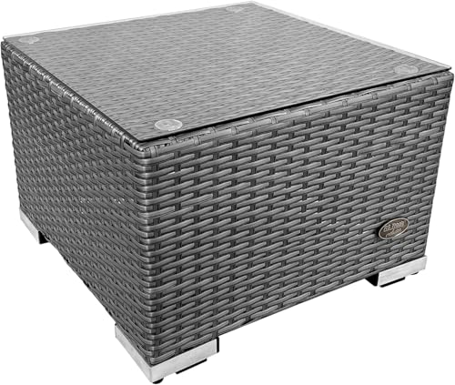 RS Trade® Exclusive 'Toscana' Polyrattan Beistelltisch mit verstärktem Alu-Gerüst und Temperglas Tischplatte (bis 90 kg als Hocker nutzbar), mit Spannbändern und höhenverstellbaren Standfüßen; Silber