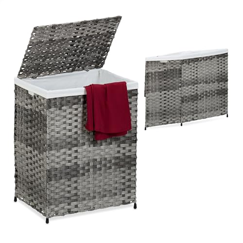 Relaxdays Wäschekorb mit Deckel, Rattan-Optik, Wäschesack 90 l, HBT: 60x46x34 cm, Wäschebehälter geflochten, grau/beige