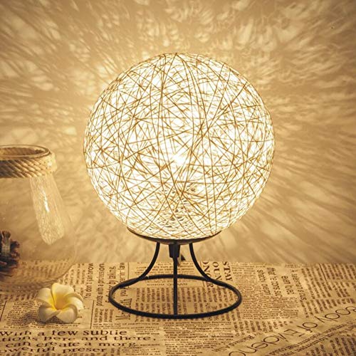 EXQULEG Hanf Ball kleine Tischlampe Schlafzimmer kreative LED Massivholz Schnur Ball Tisch Lampe Ball kleine Tischlampe USB Nachtlicht (weiß)