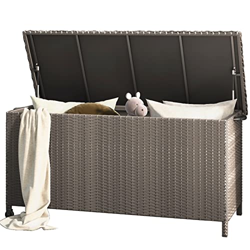 Grand patio Rattan Auflagenbox 480 Liter Gartenbox mit Deckel und Gasdruckfedern, UV-beständig Aufbewahrungskiste mit Zwei Radern, Leicht Bewegen, Kissenbox für Garten, Balkon