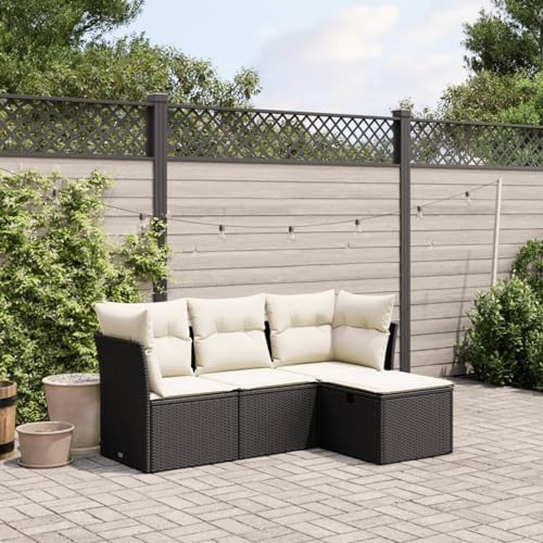 Faroom Balkon Ecklounge mit Stauraum Gartenlounge Klein Balkon Lounge Rattan Sofa Balkonsofa Kleiner Balkon Sitzecke Balkon Loungemöbel Gartensofa Ecksofa Balkonmöbel Schwarz und Creme 4-tlg-Type-338