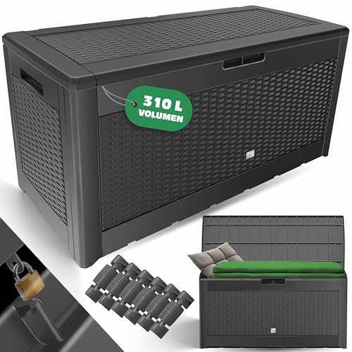 KESSER® Kissenbox 310 Liter mit Rollen klappbarer Deckel Haltegriffe Rattanoptik Gartenbox, Anthrazit