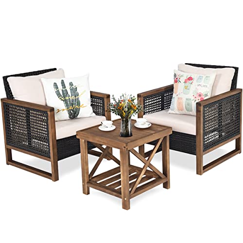 GIANTEX Rattan Gartenmöbel Set 3 teilig, Balkonmöbel Set 2 Personen, Gartensitzgruppe Lounge Set 2 Sessel mit Holztisch, Gartengarnitur Sitzgruppe Gartenlounge Set inkl. waschbarer Kissen