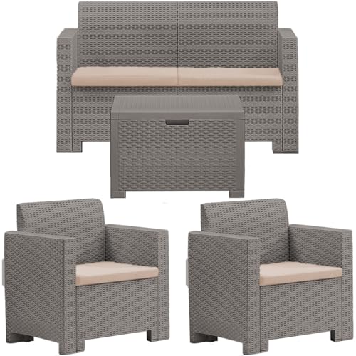 Sicignano Nebraska Outdoor-Set für 4 Personen, Sofa, Sessel, Couchtisch aus Polypropylen mit Rattan-Finish, wasserdicht, strapazierfähig, ideal für Garten, Terrasse, Bar, Pool (braun)