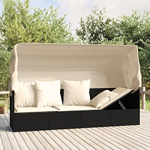 Xichuzi Loungebett mit Dach und Kissen, Lounge Sofa, Sonneninsel, Liege, Daybed, Garten Lounge, Bett, Schwarz Poly Rattan