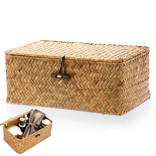 Rattankorb Aufbewahrungskorb aus Seegras, Geflochtener Korb mit Deckel, Aufbewahrungskorb aus Geflochtenem Rattan, Make up Organizer für Badezimmer, Wohnzimmer(XS, Orange)