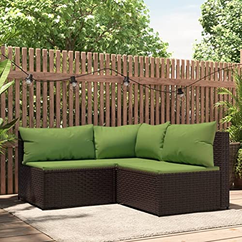 NITCA 3-TLG. Balkon Lounge Rattan Ecksofa Klein Braun und Grün, Outdoor Sofa L Form, Möbel Mit Kissen (Eckteil+2xMittelteil)