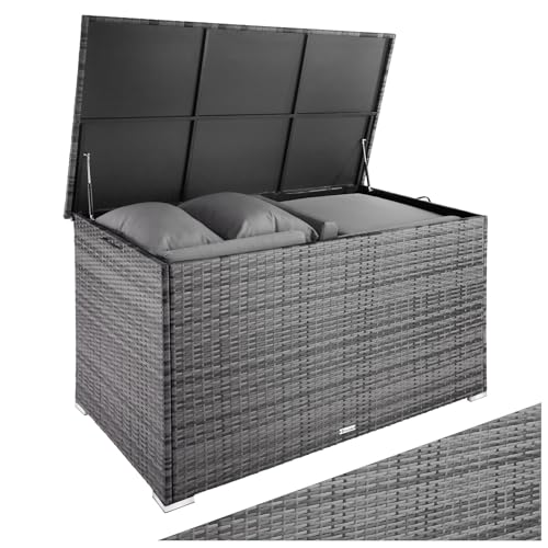tectake® Aluminium Polyrattan Aufbewahrungsbox mit Deckel, 750L, Gartenkiste wetterfest, Gartenbox mit Gasdruckfedern, Garten Auflagenbox, UV-beständig, rostfrei, Stauraum, 145x82,5x79,5 cm - grau