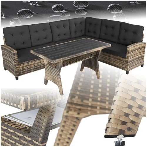 tectake® Gartenbank, Set mit Bank und Esstisch, Rattan Eckbank Outdoor Lounge, Sitzecke wetterfest als Gartenlounge, Balkon Möbel, Wintergarten, Terrasse - Natur