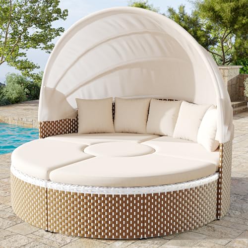 MOBETTRES Garten-Lounge-Sessel-Set, Sonneninsel, Rattan-Gartentisch und Stühle-Set, Muschel-Garten-Lounge-Sessel-Bett, ausziehbares Baldachin, anhebbare Tischplatte (Beige)