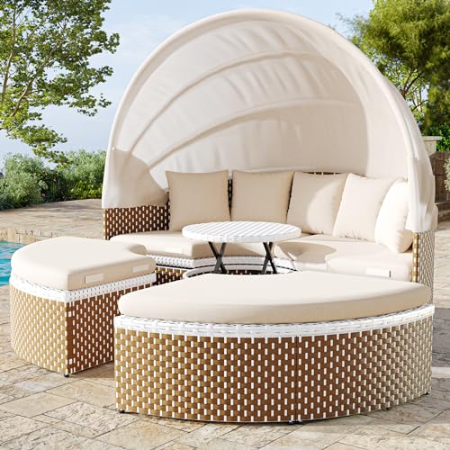 Huayz Lounge Muschel Sonneninsel - Sonneninsel, Rattan-Gartentisch und Stühle-Set, multifunktionales Balkon Möbel, Outdoor Gartenliege wetterfest, inkl. Sitz- und Rückenkissen