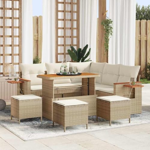 QJBSAVVA Garten-Sofa-Set 9-teilig Beige Poly-Rattan Eckbank mit Stauraum für Balkon und Terrasse 110 x 55 x 71 cm Robust für Outdoor-Sonneninsel