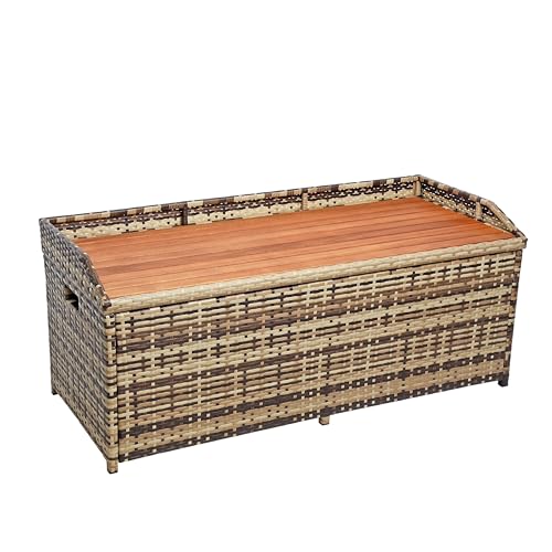 ESTEXO Polyrattan Gartenbank Sitzbank mit Auflagenbox Kissenbox Rattan Kissentruhe Bank mit Stauraum Beige-Braun