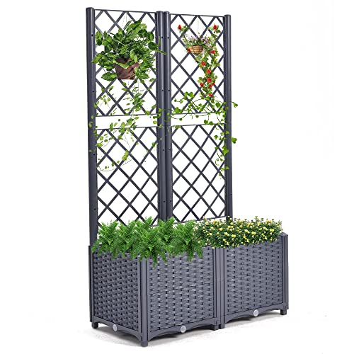 Mingone Pflanzgefäss Rankgitter Hochbeet 2 Pflanzgefäß Wasserspeicher Balkonkasten Rattan Optik für Garten Terrasse 40x40x136cm?Grau