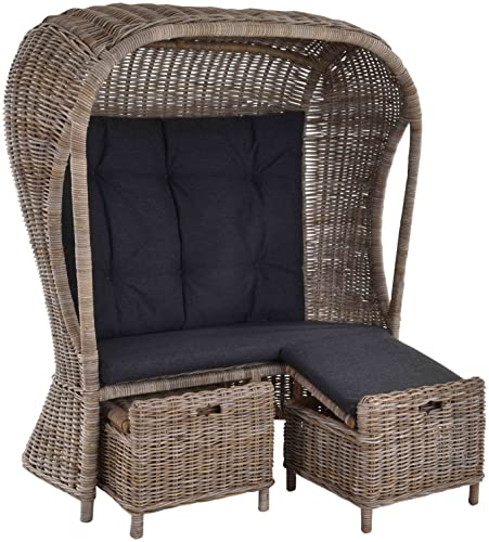 Korb-Outlet Strandkorb Optik 2-Sitzer Beach aus echtem Rattan Rattansessel Flecht-Sessel mit Dach Single für Zwei Personen (Natur Grau, mit Hocker)