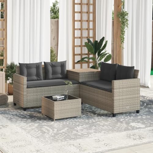 IKAYAA Polyrattan Gartenlounge,, Ecklounge Stauraum, Ecksofa Möbel, Gartenmöbel einem Beistelltisch Outdoor, inkl.Sitz  und Rückenkissen   Hellgrau