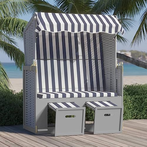 HUAKEHOM Strandkorb mit Dach Gartenliege Volllieger Sonnenliege Sonneninsel Strandliege Zweisitzer Liege Strand Poly Rattan und Massivholz Blau & Weiß