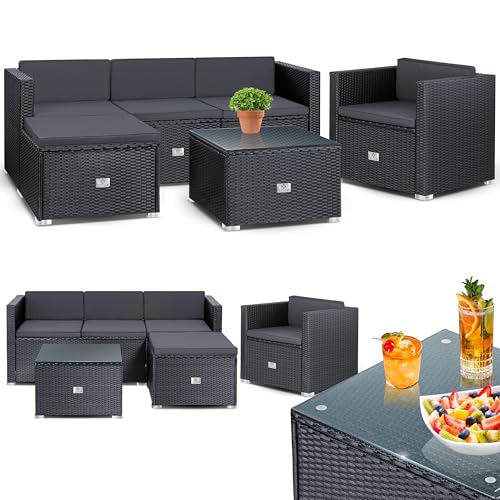 KESSER® Polyrattan Lounge Aruba   Gartenlounge für 4 5 Personen Gartenmöbel Set Sitzgruppe aus 3er Gartensofa, Sessel, Beistelltisch Sitzkissen für Garten, Terrasse und Balkon, Anthrazit