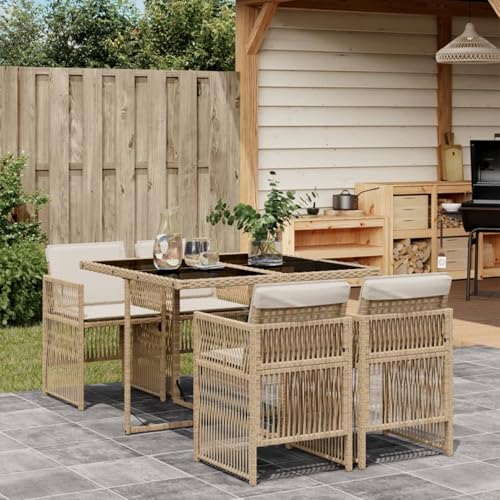 IKAYAA Polyrattan Gartenmöbel Set für 4 Personen, Garten Sitzgruppe, Rattan Essgruppe, Gartengarnitur, Sitzgarnitur, Terrassenmöbel Set, Gartentisch mit 4 Stühle & Kissen Beige und Creme Type-2