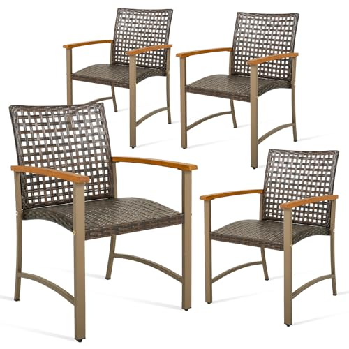 LIFEZEAL Gartenstuhl 4er Set, Balkonstuhl aus PE, Esszimmerstuhl Outdoor Armlehnen aus Akazienholz, Rattanstuhl Set Metallrahmen, Belastung 180 kg, Möbel für Terrasse, Balkon, Hof