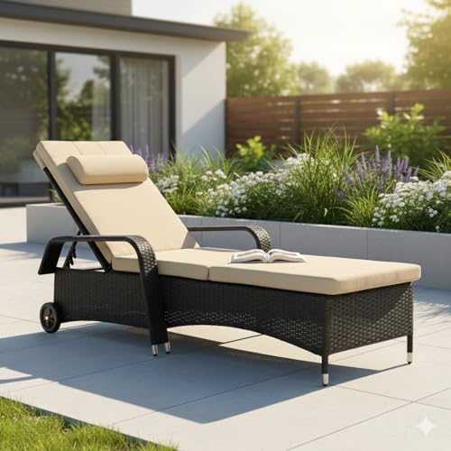 Mucola Sonnenliege mit Rollen Polyrattan – wetterfeste Rattanliege mit Verstellbarer Rückenlehne, Rollliege für Garten, Balkon & Terrasse – pflegeleicht, UV-beständig, mehrfach verstellbar