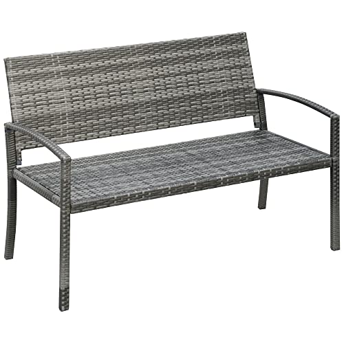 Outsunny Gartenbank Polyrattan 2-Sitzer UV-beständig Sitzbank mit ergonomischen Armlehnen Rückenlehne Gartenmöbel Parkbank bis 240kg belastbar Balkonbank für Garten Terrasse, 122x60x85cm, Grau