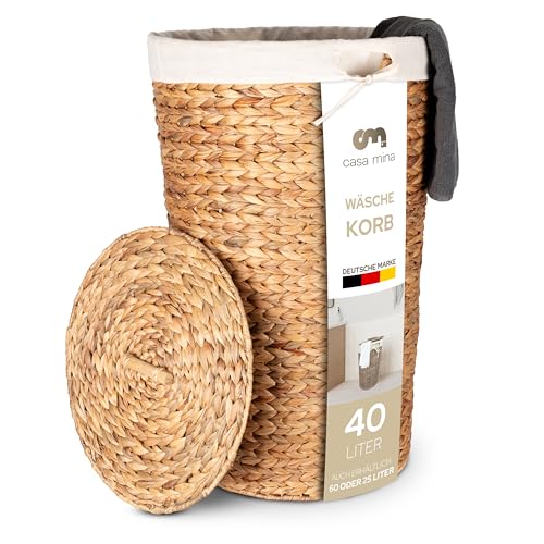 Casa Mina® Wäschekorb mit Deckel D35 x H55cm hoch I Atmungsaktiver Wäschekorb geflochten aus 100% Naturfaser I Robuster Wäschesammler mit Griffen & waschbarem Innensack I Wäschekörbe - Lombok
