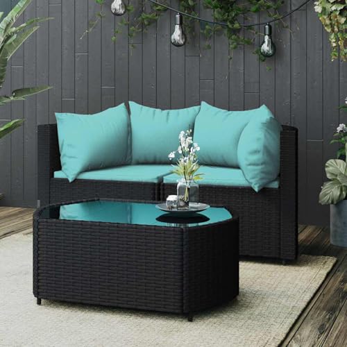 Gecheer 3-TLG. Garten-Lounge-Set mit Kissen Schwarz Poly Rattan, Garten Sitzgruppe Esstisch Essgruppe Gartenmöbel Set für Balkon Terrasse Café-Bereich319807
